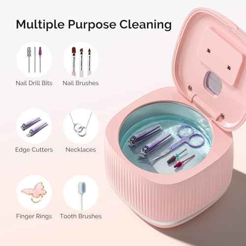 [2025 Upgraded] MelodySusie 2 in 1 Nail Tool Cleaning Machine, 3 Timers Mode for Nail Drill Bits, Nail Art Brush, Nail Clipper, Jewelry Cleaning, Salon & Home Use, Pink,DL-160