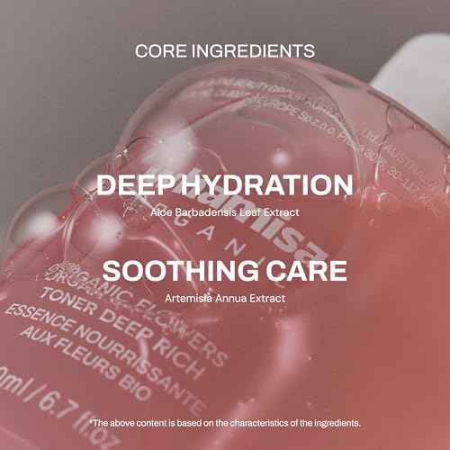 Whamisa Organic Flowers Toner Deep Rich, 97.4% Organic, Facial Toner, Essence, Damask Rose Flower Oil, Waterless Formula, Hydrating, Moisturizing (200ml)