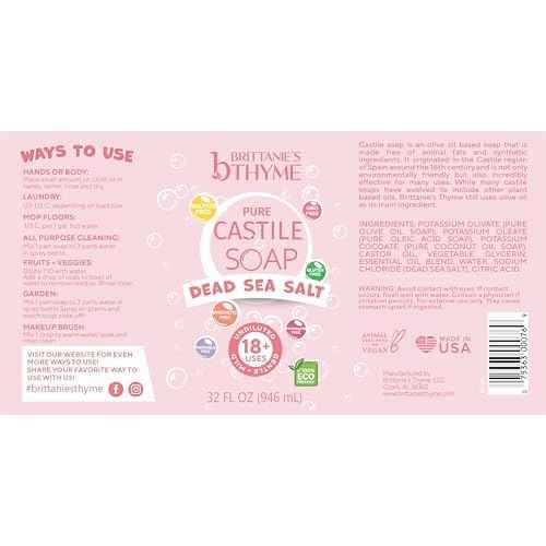 Brittanie¡¯s Pure Castile Liquid Soap Refill, Dead Sea Salt, 32 Ounce Pack of 2 | Dish Soap, Hair & Body, Home, Gentle and Pure, Made with Natural Luxurious Oils, Vegan & Gluten Free Non-GMO