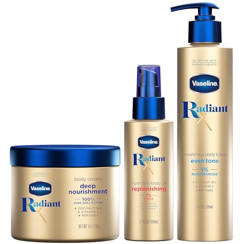 Vaseline Radiant X Skin Care Set ?Even Tone Nourishing Body Lotion with 1% Niacinamide, Deep Nourishment Body Cream with Vitamin C + Hydrating Body Oil with Vitamin E (3 Piece Set)