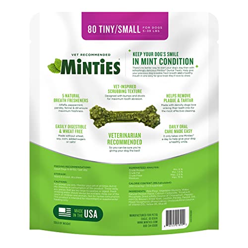 Minties Dental Chews for Dogs, 80 Count, Vet-Recommended Mint-Flavored Dental Treats for Tiny/Small Dogs 5-24 lbs, Dental Bones Clean Teeth, Fight Bad Breath, and Removes Plaque and Tartar