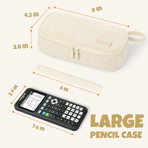 SUNEE Beige Corduroy Pencil Case, Large Capacity Zipper Pouch, Multi-Compartment Pen Organizer