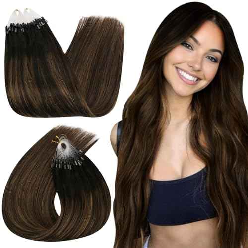 Ugeat Micro Bead Hair Extensions Medium Brown Mix Balayage Dark Brown Microlink Hair Extensions Micro Loop Invisible Natural-Looking No Damage for Women 18 Inch 50S 50G