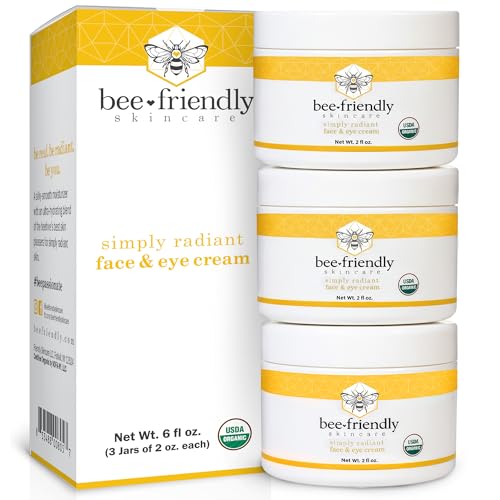BeeFriendly Organic Face and Eye Cream, USDA Certified Organic Facial Moisturizer, All In One Natural Face, Eye, Neck, Decollete Cream Reduces Wrinkles & Lines, 6 oz (3 Jars in a box)