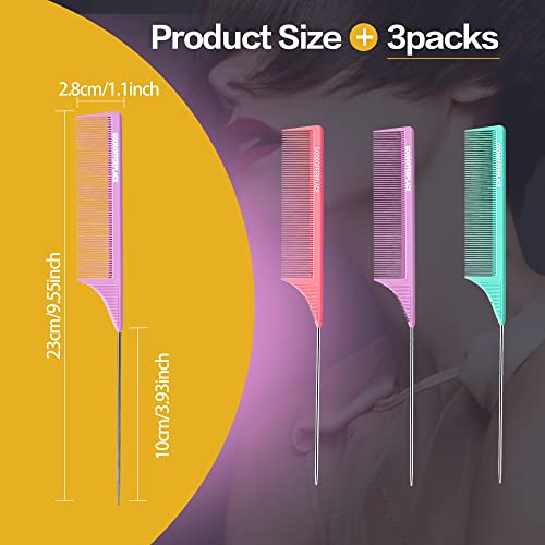 3-Pack Hair Combs with Metal Pick for Braiding & Styling - Pink Purple Green
