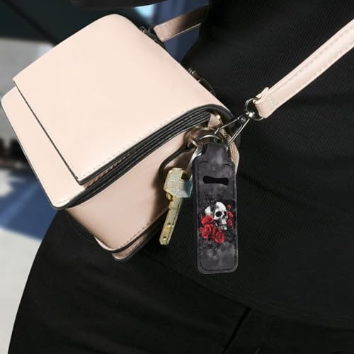 Red Rose Skull Chapstick Holder Keychain Clip
