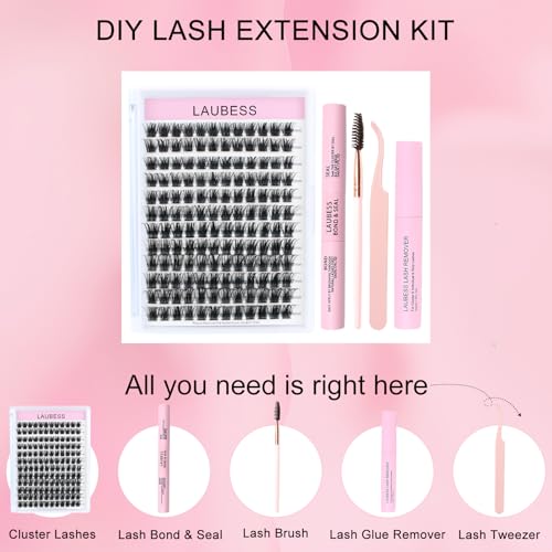 Lash Clusters Kit LAUBESS DIY Lash Extension Kit Lash Bond and Seal Waterproof Lash Glue Remover Tweezers Brush Cluster Eyelash Extensions Kit Eyelash Clusters (Kit 01-D-Mix8-14)