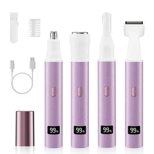 Nose Hair Trimmer for Women, 4-in-1 Electric Eyebrow Trimmer with LED Display, Painless & Waterproof Facial Hair Removal, USB-C Rechargeable Hair Shaver Razor for Nose Ear Eyebrow Peach-Fuzz Lips Chin