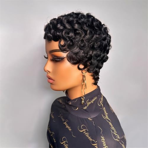 FREEKWEEN 1B# Short Curly Pixie Wig for Black Women Human Hair Finger Wave Style