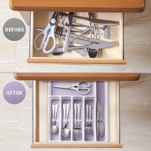 Silverware Organizer with Cutlery Icons，Silverware Tray for Kitchen Drawer，Plastic Flatware Tableware Silverware Drawer Organizer Utensil Organizer with Non-slip TPR Linings，6-Compartment,Purple