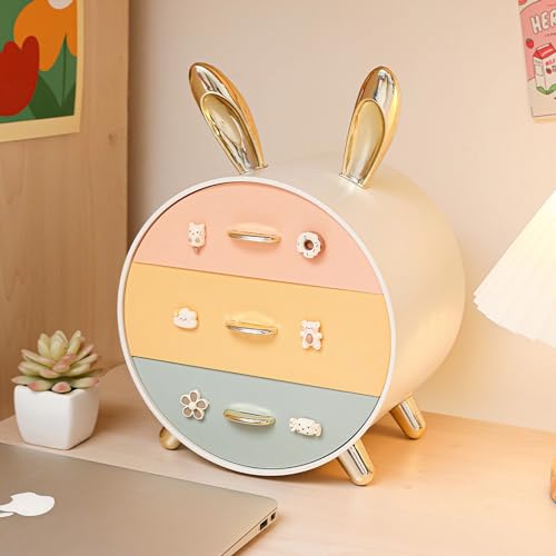 Makeup Organizer and Storage for Perfumes Cosmetics Jewelry,Easter Bunny Box for Countertop, skincare Cabinet Bins 3 draws Stackable Vanity Organizer for Dresser and Bathroom Countertop(Golden Ear)