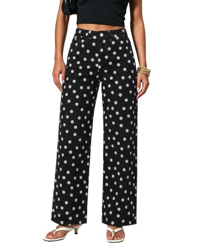 High Waisted Polka Dot Wide Leg Jeans for Women - Stretch Denim