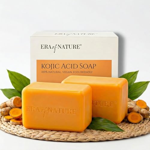 era of nature Turmeric Kojic Acid Soap with Vitamin C ? Gentle Brightening Bar for Face Underarms Bikini Area and Body ? Moisturizing Shea Butter ? 2 Pack 200g