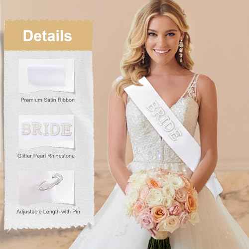Etercycle Bride Sash, Bride To Be Sash Bridal Gifts, White Pearls Rhinestones Sashes Bachelorette Party Decorations Bridesmaid Favors With Adjustable Diamond Pin