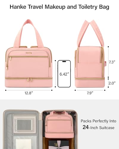 Hanke Pink Travel Toiletry Bag - Large Dual-Layer, Water-Resistant Makeup & Cosmetic Organizer