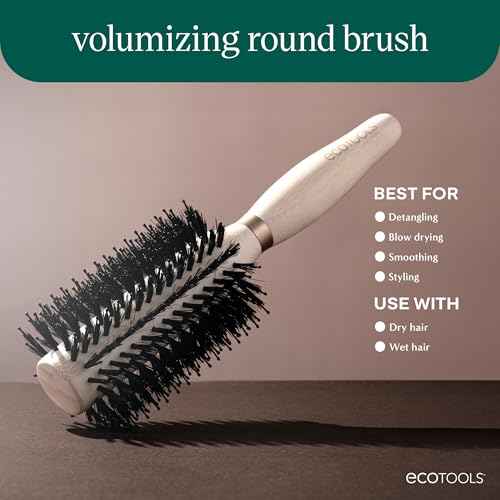 EcoTools Volumizing Round Hairbrush, Achieve Full Blow Out, Heat Resistant For Easy Blow Drying, Vegan Bristles Tame Frizz & Smooth Hair, Made With Renewable Bamboo, Cruelty-Free, 1 Count