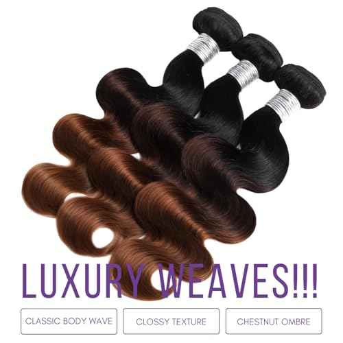 Chestnut Brown Ombre Human Hair Bundles Body Wave, 12A Thick Track 3 Tone Ombre Medium Auburn Colored 3 Bundles 100% Virgin Brazilian Weaves T1B/2/30 Dark Roots Wavy Sew In Extensions 16 18 20In