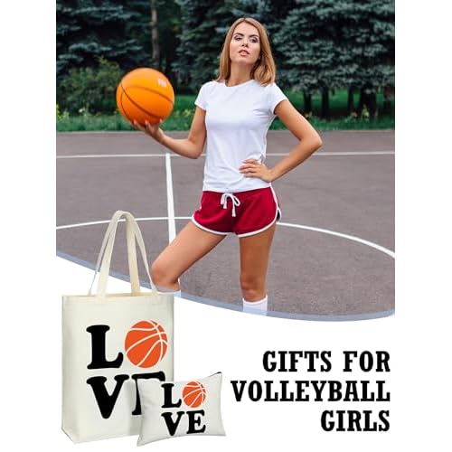 18 Pcs Volleyball Basketball Gifts for Women Cosmetic Bag Canvas Tote Bags Set for Teen Makeup Travel Players Teams(Basketball)