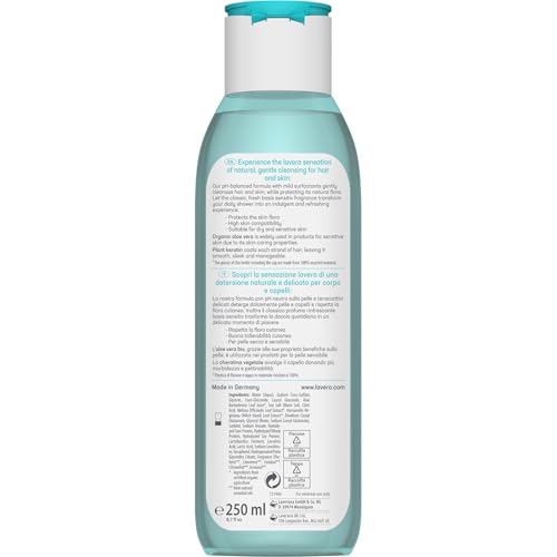 lavera basis sensitiv care shower 2in1 - gentle cleansing for skin & hair with aloe vera & plant keratin - pH-neutral - PETA certified - vegan - natural cosmetics - 8.45 fl.oz.