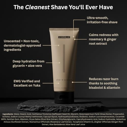 HygieneLab Shaving Cream, Yuka Rated 100/100 ? Fragrance-Free, Non-Toxic Formula with Aloe Vera & Shea Butter, Hydrating for Sensitive Skin, Helps Reduce Razor Burn (6.76 oz)