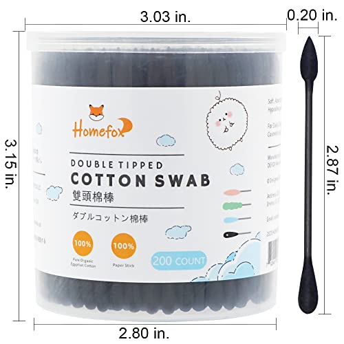 HOMEFOX Black Cotton Swabs - 200 Count Organic Precision Tips