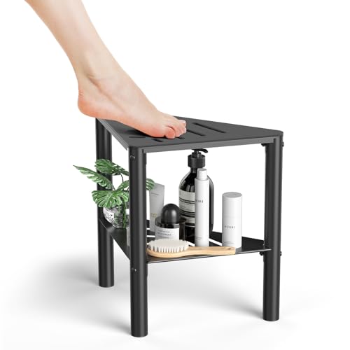 Shower Stool for Shaving Legs, Shower Step Stool for Inside Shower, Non-Slip Spa Shower Foot Rest Stool, Corner Bathroom Shower Bench Bath Seat with Storage Shelf for Small Shower Spaces