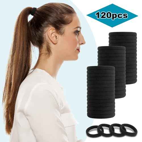 120PCS DWKFEOQ Black Hair Ties for Women Girls, Elastic Ponytail Holders, Cotton Seamless Hair Bands, No Damage for Thick Hair, 1.8 Inch in Diameter (Black)