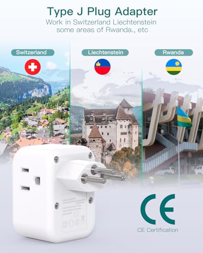 Switzerland Travel Plug Adapter, Swiss Outlet Adapter with 3 Outlets 3 USB Charging Ports(1 USB C), Type J Power Adapter, Travel Essentials US to Switzerland, Rwanda, Liechtenstein