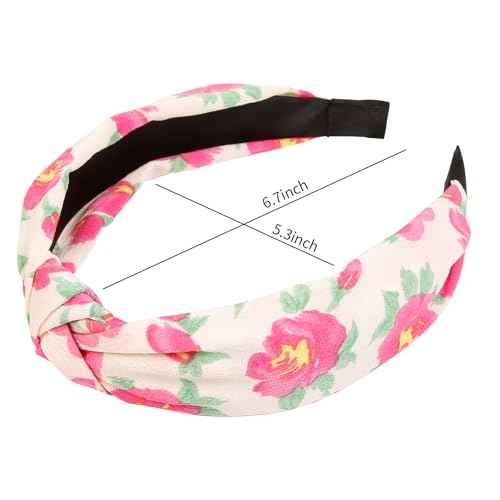 Huachi Hot Pink Headbands for Women Girls, 4 Packs Cute Flower Printed Knotted Head Bands for Women¡¯ s Hair, Non Slip Fashion Wide Top Knot Womens Hairbands, Girls Pink Trendy Stuff Hair Accessories