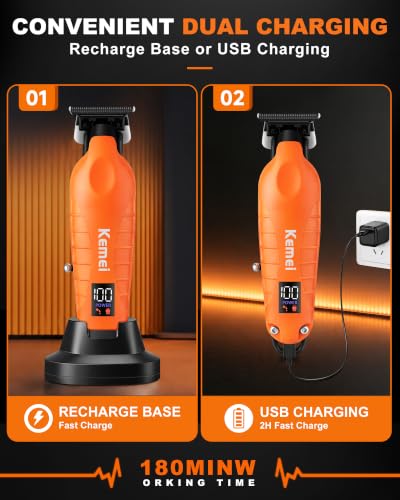 KEMEI PG2499 Orange Cordless Hair Clipper for Men – Beard & Hair Trimmer with 7000 RPM