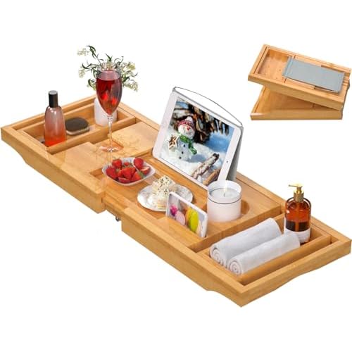 Artmalle Bathtub Caddy Tray for Tub,Foldable Bamboo Bath Table Tray with Book and Wine Glass Holder, Free Soap Dish Suitable for Luxury Spa or Reading,Natural