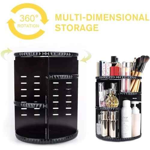 sanipoe Rotating Makeup Organizer,DIY Adjustable Spinning Holder,Foldable Cosmetic Storage Display box,Large Capacity Make up Caddy Shelf,Fits Countertop Vanity and Bathroom (Black)