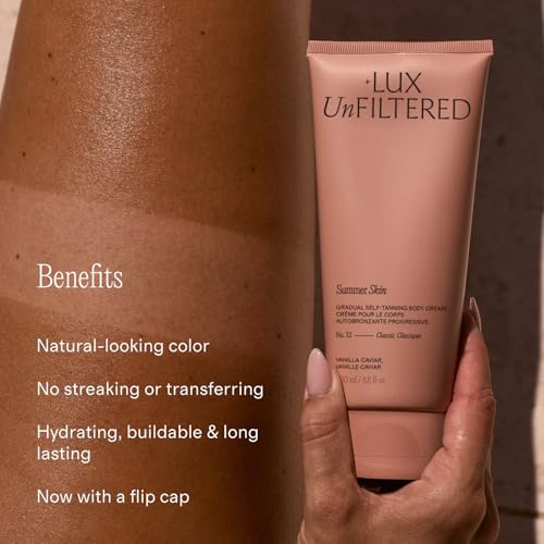 Lux Unfiltered N¡Æ32 Summer Skin Gradual Self Tanner, Hydrating Self Tanning Lotion with Shea Butter & Squalane - Non-Sticky, No Transfer, Natural-Looking - Vegan Sunless Tanner - Vanilla Caviar