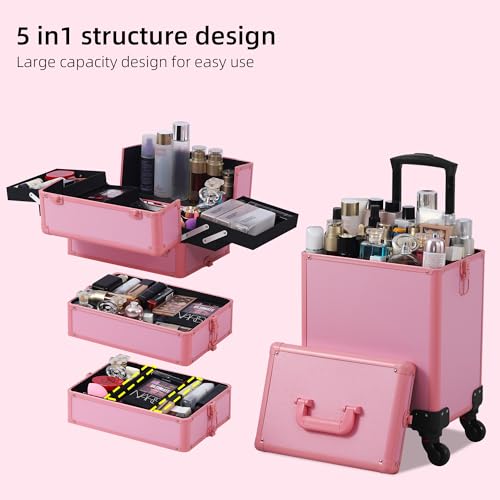 Somduy Rolling Makeup Train Case with Detachable Compartments, Pink