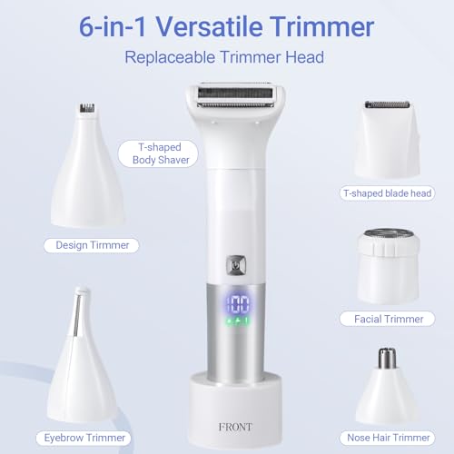 Shaver for Women, 6-in-1 Body Hair Trimmer, Facial & Pubic Hair Removal, IPX7 Waterproof Wet & Dry Grooming Electric Shaver Kit,Cordless Travel Razor with USB Charging Dock