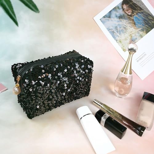 HomeSoGood Sequin Cosmetic Bag Large Glitter Makeup Zipper Bag Toiletry Bag Capacity Travel Cosmetic Handbag for Women Girls Travel Daily Use(Black)