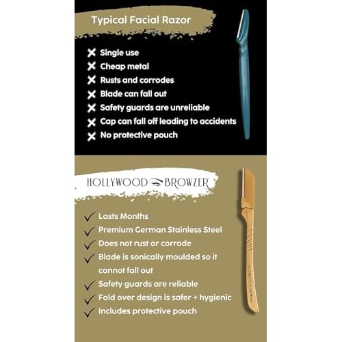 Hollywood Browzer Hair Removal and Dermaplaner Duo - Peach Fuzz and Eyebrow Razor for Women - Eyebrow Grooming Kit - Gold - 2 pc