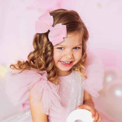 Glitter 4.5-Inch Hair Bows Organza Alligator Clips, Sequin Delicate Double Silver Thread Woven Mesh Hair Accessories for Girls, Toddler, Kids and Women Birthday Wedding - Set of 2 (Light Pink)