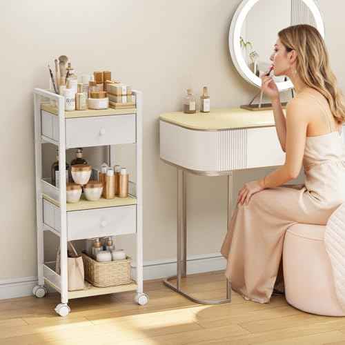 Flycity Makeup Organizer Cart with Drawers, 5 Tier Rolling Makeup Cart, Floor Skincare Organizers, Vanity Organizer Storage with Wheels Cosmetic Display Cases for Skin Care Perfume Nail Polish, White