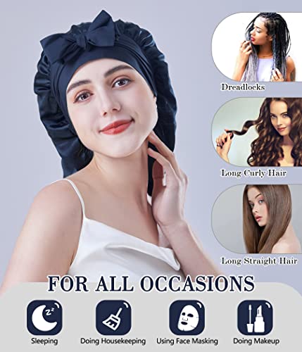 XL Blue Mulberry Silk Sleep Bonnet for Curly Hair - Non-Slip, Adjustable, Long Band