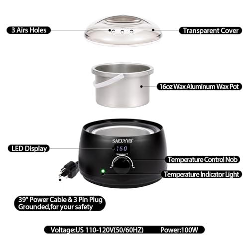 SAEUYVB Professional Digital Wax Warmer with Lid and 16oz Pot for Hair Removal (Black)