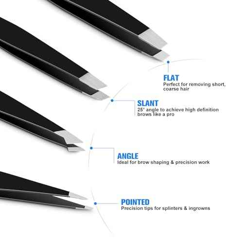 Tweezers for Women Facial Hair, 4Pcs Professional Beauty Tools Stainless Steel Precision Eyebrow Tweezers for Splinter Blackhead and Ingrown Hair Removal, Black