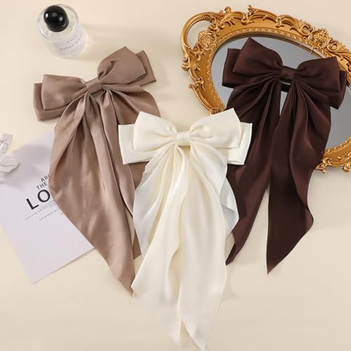 6 PCS Hair Bows for Women, Big Bow Hair Clips for Girls, Silky Satin Hair Bows Clips Oversized Long Tail, Large Hair Barrettes Cute Aesthetic Hair Accessories, Metal Bow Hair Clips Neutral Color