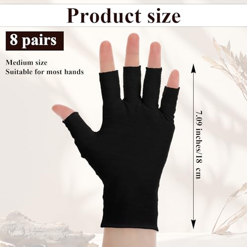 8 Pairs Black Cotton Fingerless Moisturizing Gloves for Dry Hands & Eczema