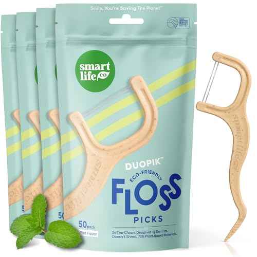 SmartLifeco Eco-Friendly Dual-Thread Dental Floss Picks (200ct) - Flossers Made with Straw Wheat Blend, Superior Anti-Shred for Tight Gaps, Tooth Pick Stick for Adults, Soft on Gum & Teeth, Mint