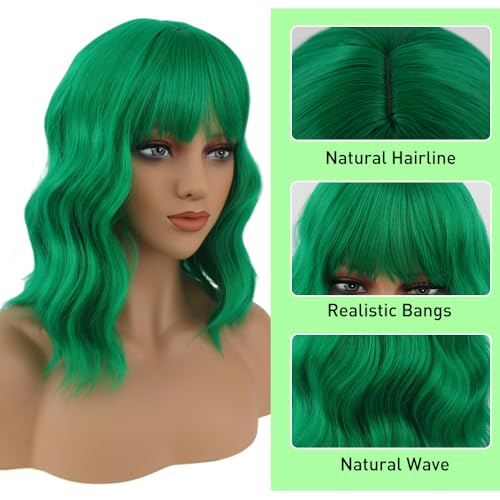Green 14 Inch Short Wavy Bob Wig with Bangs - Heat Resistant Synthetic