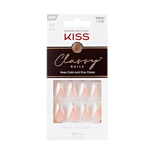 KISS Classy Nails, Press-On Nails, Nail glue included, 'The BOSS', Silver, Medium Size, Coffin Shape, Includes 28 Nails, 2g Glue, 1 Manicure Stick, 1 Mini file