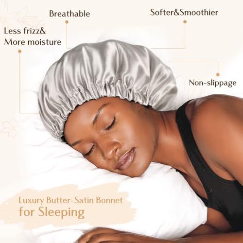 YANIBEST Adjustable Double Layer Satin Bonnet for Curly Hair - Ash Grey