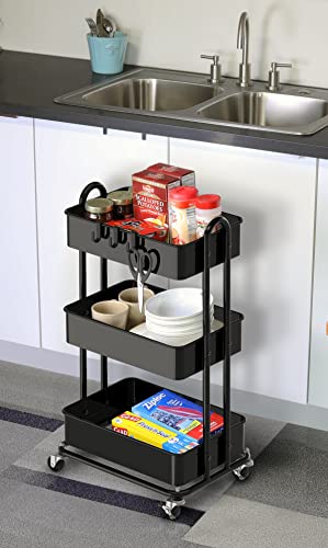 Simple Houseware Heavy Duty 3-Tier Metal Utility Rolling Cart, Black