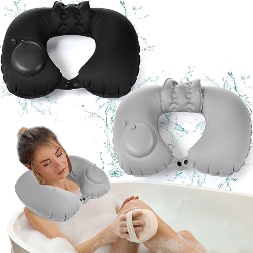 Inflatable Bath Pillow 2-Pack with Neck Support & Adjustable Buttons
